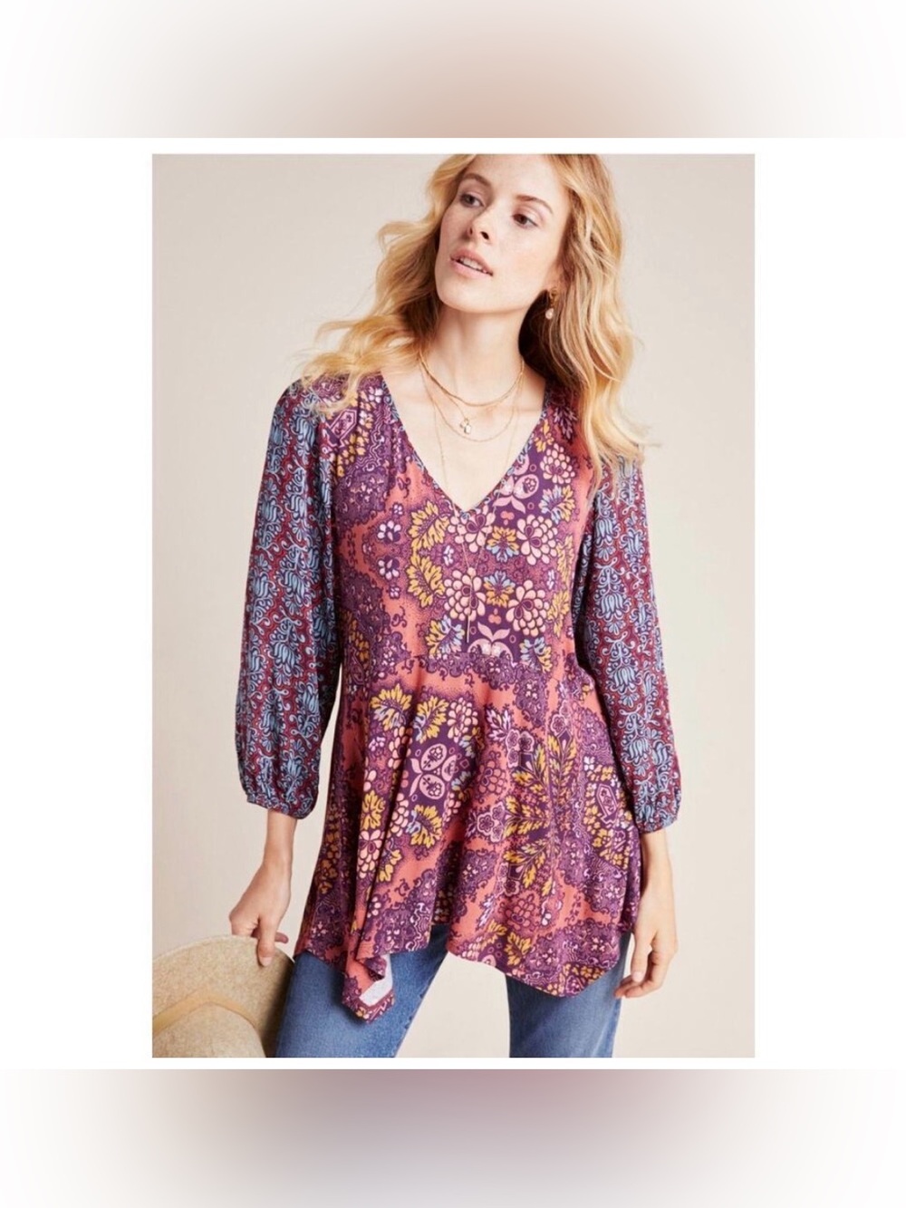 Maeve by Anthropologie Mariella Tunic Floral Print V-Neck Tunic Top size medium